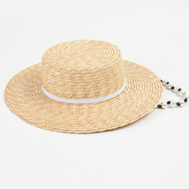Flat Straw Pearl Chain Hat