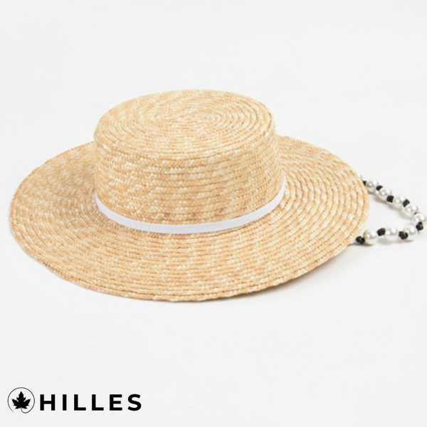 Flat Straw Pearl Chain Hat