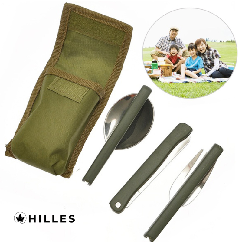 Portable Army Green Folding Cutlery Set With Pouch Cooking